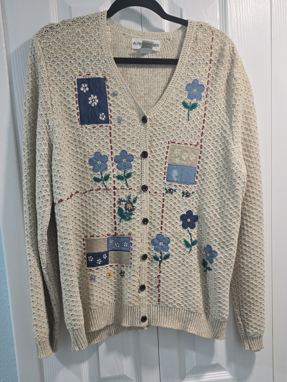 Alfred Dunner Cream Knit Cardigan with Blue Floral Appliqués